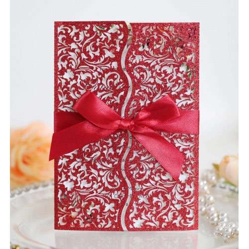 Marriage Invitation Card With Ribbon Bow Laser Cut Glitter Paper Wedding Supplies